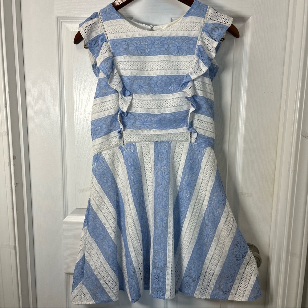 J.O.A. Blue and White Striped Lace Fit-and-Flare Mini Dress